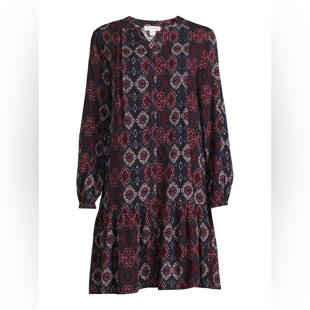 Beachlunchlounge Burgundy and Navy Patterned Long Sleeve Mini Dress Size Small